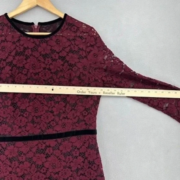 Maggy London Plum Wine Red Lace Fluted Midi Long Sleeve Dress Velvet Belt SZ 14 - Picture 6 of 9